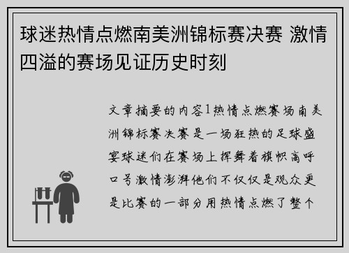 球迷热情点燃南美洲锦标赛决赛 激情四溢的赛场见证历史时刻